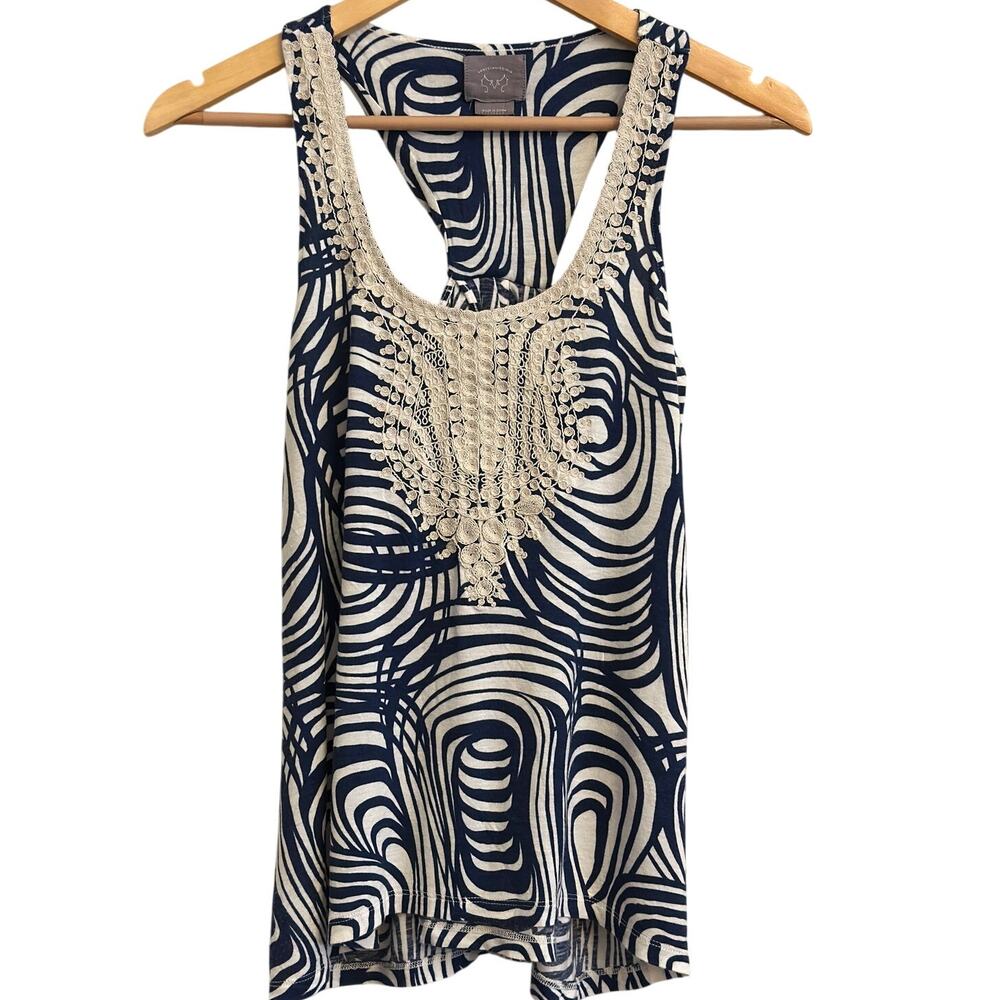 Vanessa Virginia‎ Anthropologie Tank Top S Navy Blue Boho Lace Trim